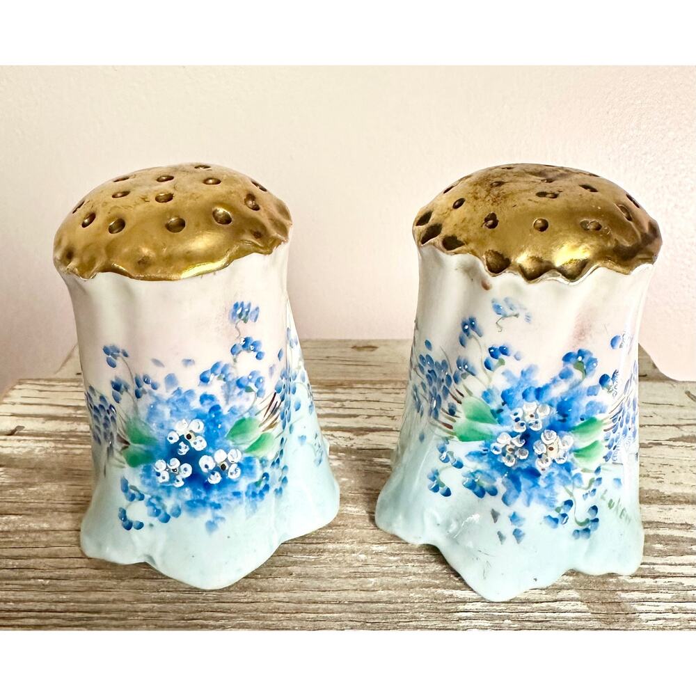Scalloped Antique Hand Painted Salt and Pepper Shakers with Gold Tops